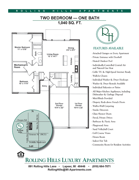 Floor plan for 2 beds, 1 bath, 1040 sqft